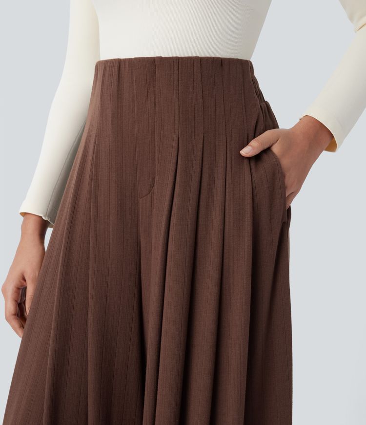 Ribbed Knit High Waisted Pleated Side Pocket Flowy Wide Leg Casual Trousers