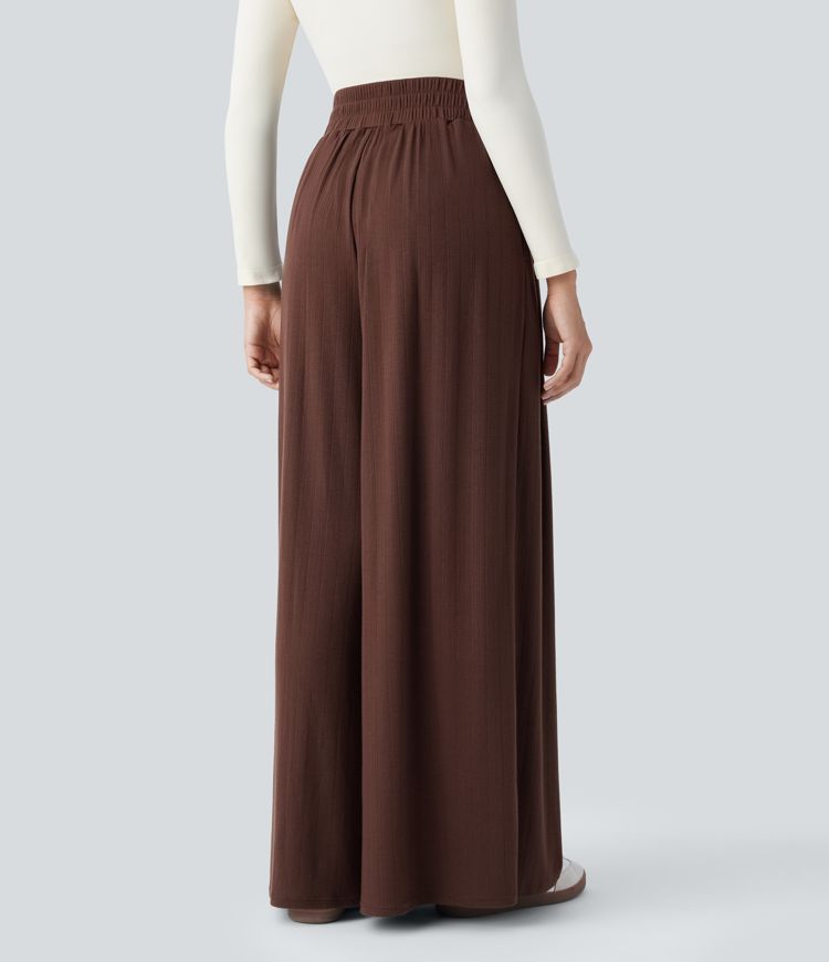 Ribbed Knit High Waisted Pleated Side Pocket Flowy Wide Leg Casual Trousers