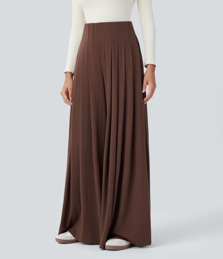 Ribbed Knit High Waisted Pleated Side Pocket Flowy Wide Leg Casual Trousers