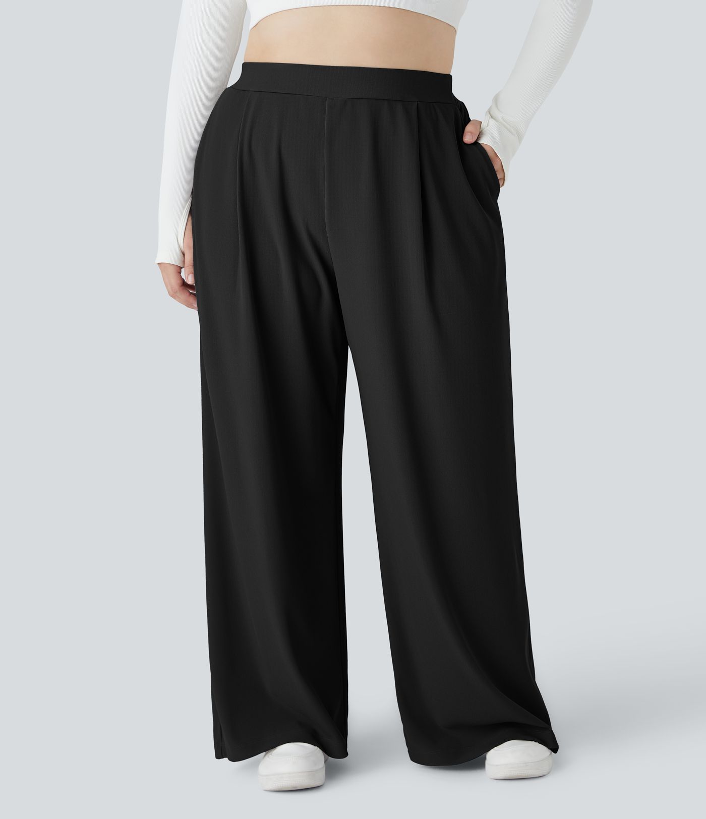 Pantalon de travail grande taille Halara Flex™ à taille haute sculptante et amincissante, poches latérales, jambes larges et tissu micro-gaufré