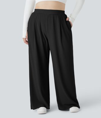 Pantalon de travail grande taille Halara Flex™ à taille haute sculptante et amincissante, poches latérales, jambes larges et tissu micro-gaufré