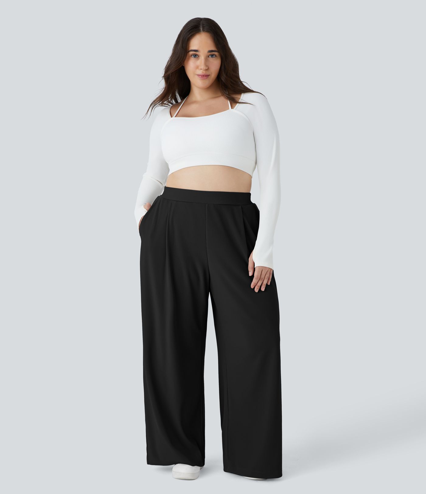 Pantalon de travail grande taille Halara Flex™ à taille haute sculptante et amincissante, poches latérales, jambes larges et tissu micro-gaufré