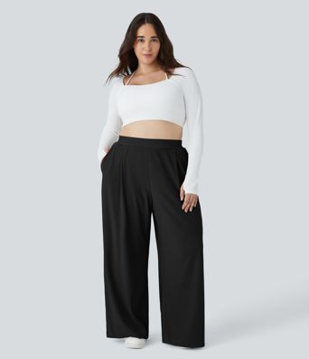 Pantalon de travail grande taille Halara Flex™ à taille haute sculptante et amincissante, poches latérales, jambes larges et tissu micro-gaufré