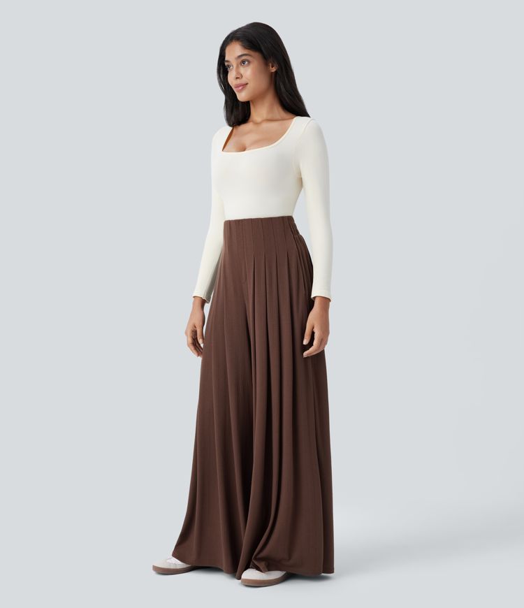 Ribbed Knit High Waisted Pleated Side Pocket Flowy Wide Leg Casual Trousers