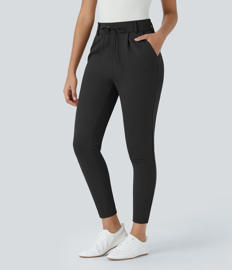 Halara Flex™ Knöchellange, konische Stoffhose mit mittelhohem Bund, Seitentasche und Kordelzug