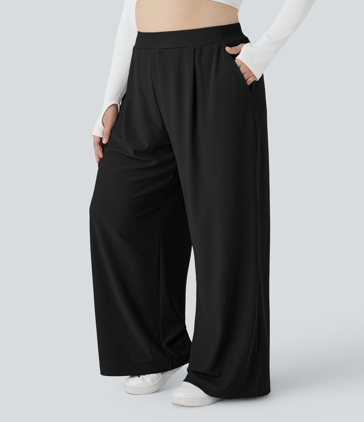 Pantalon de travail grande taille Halara Flex™ à taille haute sculptante et amincissante, poches latérales, jambes larges et tissu micro-gaufré