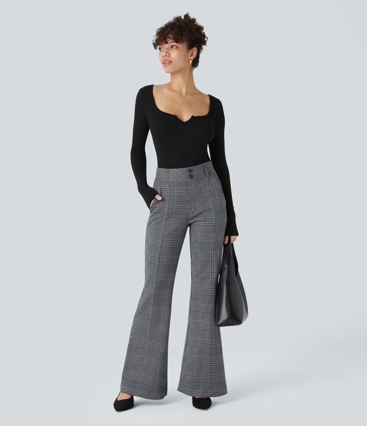 Halara Flex™ Pantalon tailleur évasé à carreaux pied-de-poule, taille haute avec boutons décoratifs et poches latérales