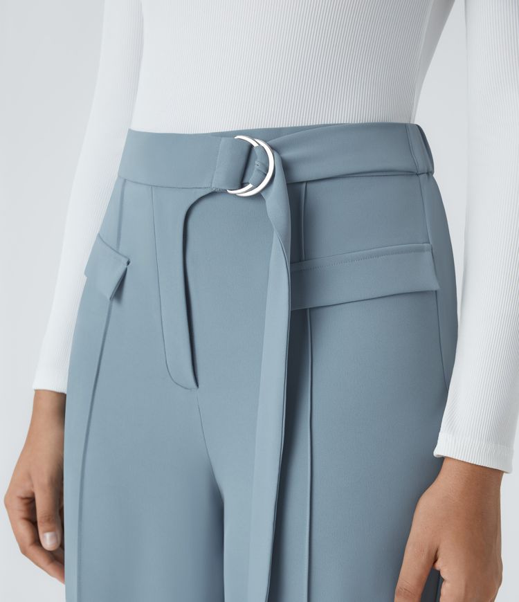 Pantalón oficina tiro alto hebilla anilla D bolsillo falso cinturón pierna recta