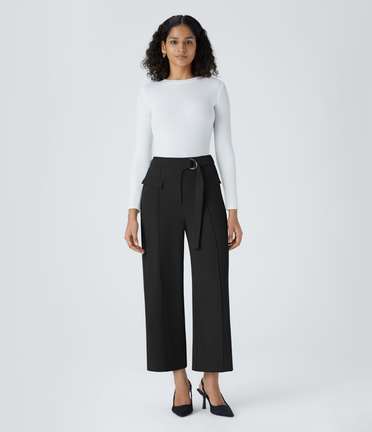 Pantalon de Travail Droit à Taille Haute avec Boucle D-Ring, Ceinture et Fausses Poches