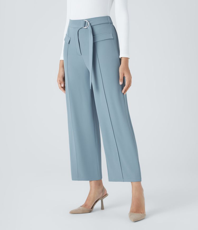 Pantalón oficina tiro alto hebilla anilla D bolsillo falso cinturón pierna recta