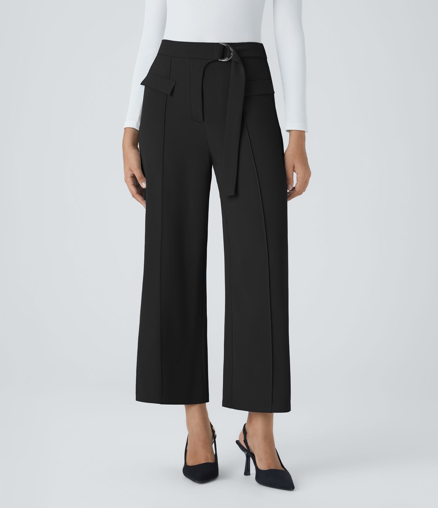 Pantalon de Travail Droit à Taille Haute avec Boucle D-Ring, Ceinture et Fausses Poches