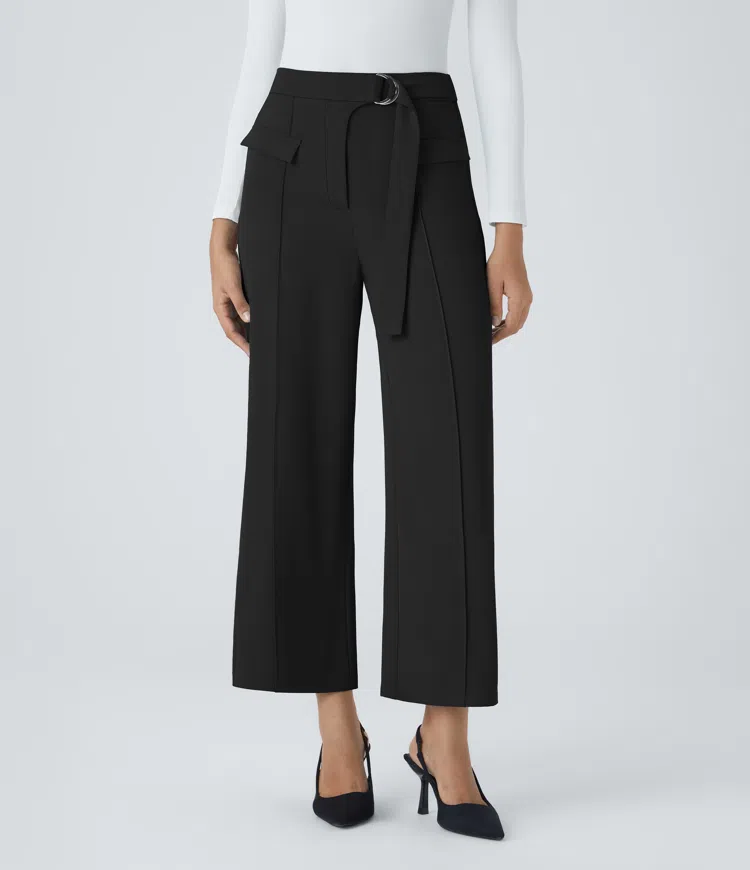 High Waisted D-Ring Buckle Belted Fake Pockets Straight Leg Work Pants