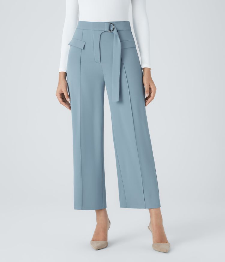 Pantalón oficina tiro alto hebilla anilla D bolsillo falso cinturón pierna recta