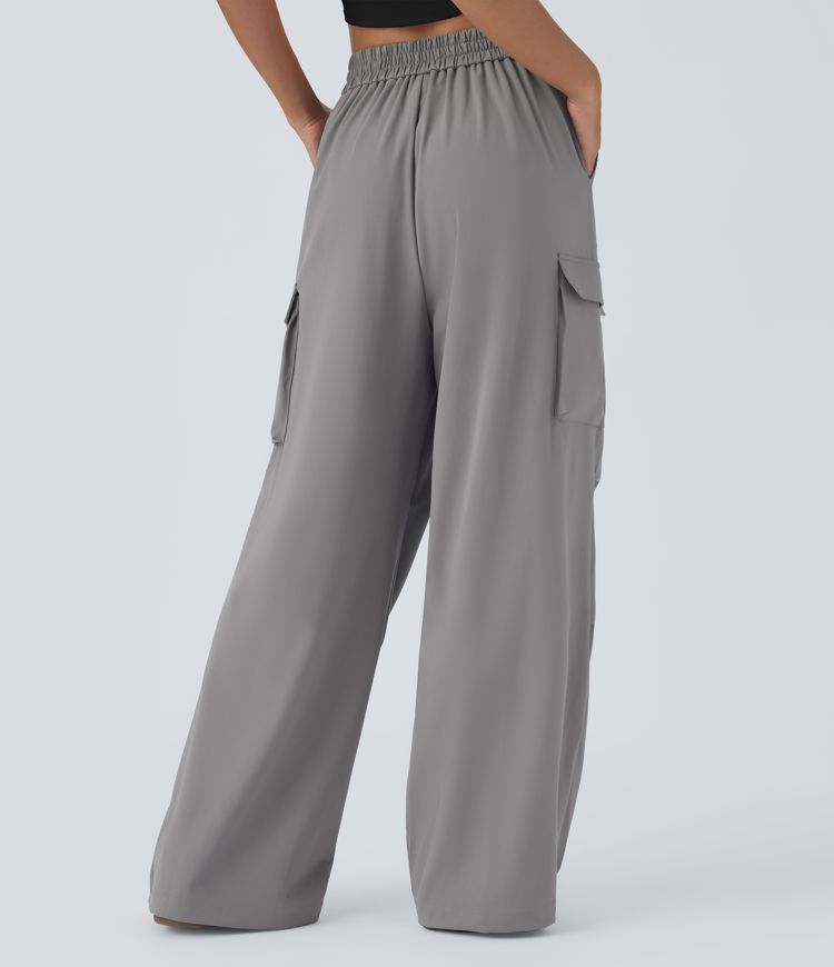 Pantalón cargo pierna ancha múltiple bolsillo plisado tiro alto