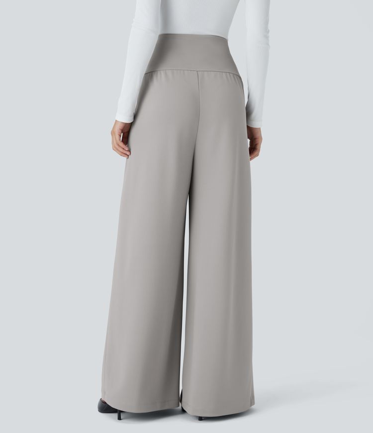 Super High Waisted Pleated Side Pocket Wide Leg Crepe Work Pants