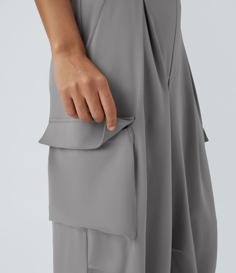 Pantalón cargo pierna ancha múltiple bolsillo plisado tiro alto