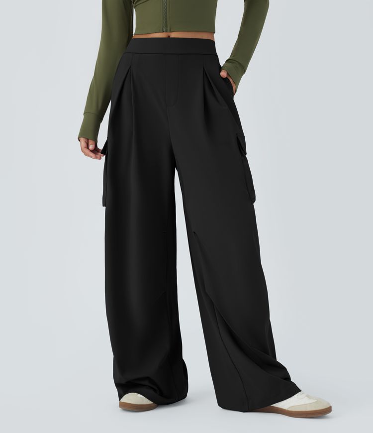 High Waisted Multiple Pockets Wide Leg Cargo Casual Pants