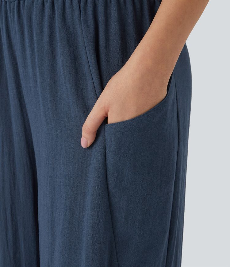 High Waisted Pocket Wide Leg Casual Linen-Feel Trousers