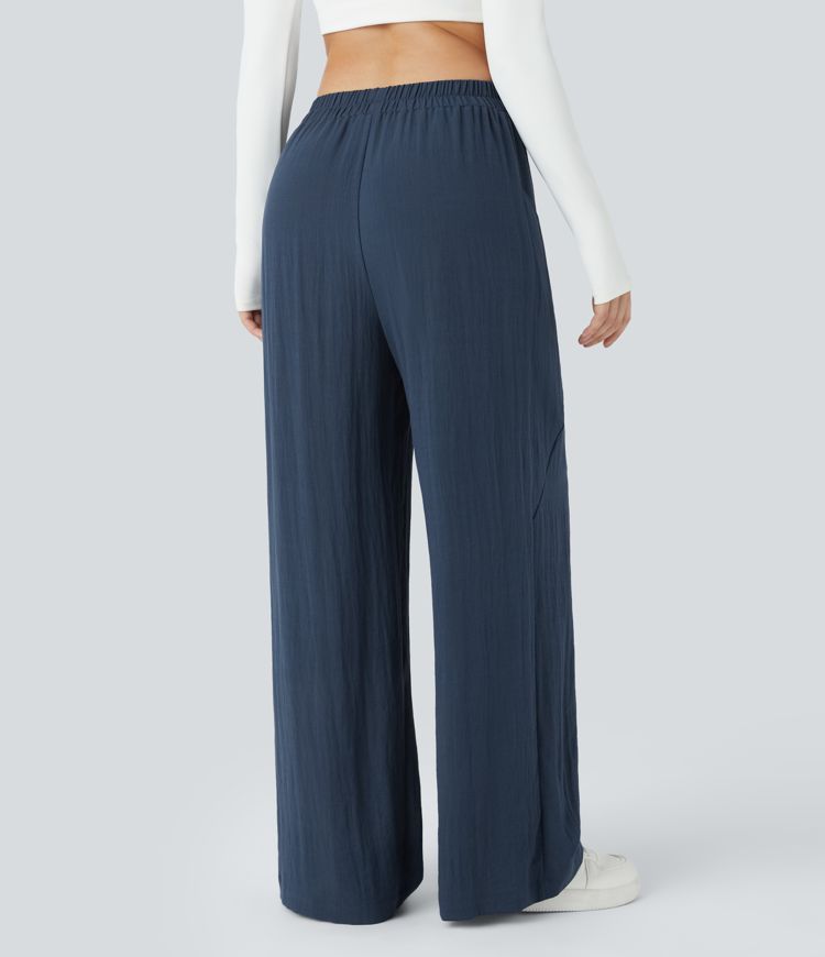 High Waisted Pocket Wide Leg Casual Linen-Feel Trousers