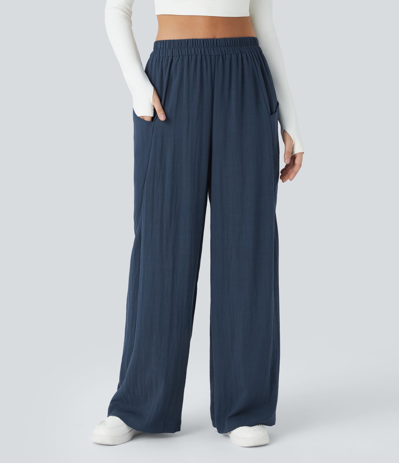 High Waisted Pocket Wide Leg Casual Linen-Feel Trousers