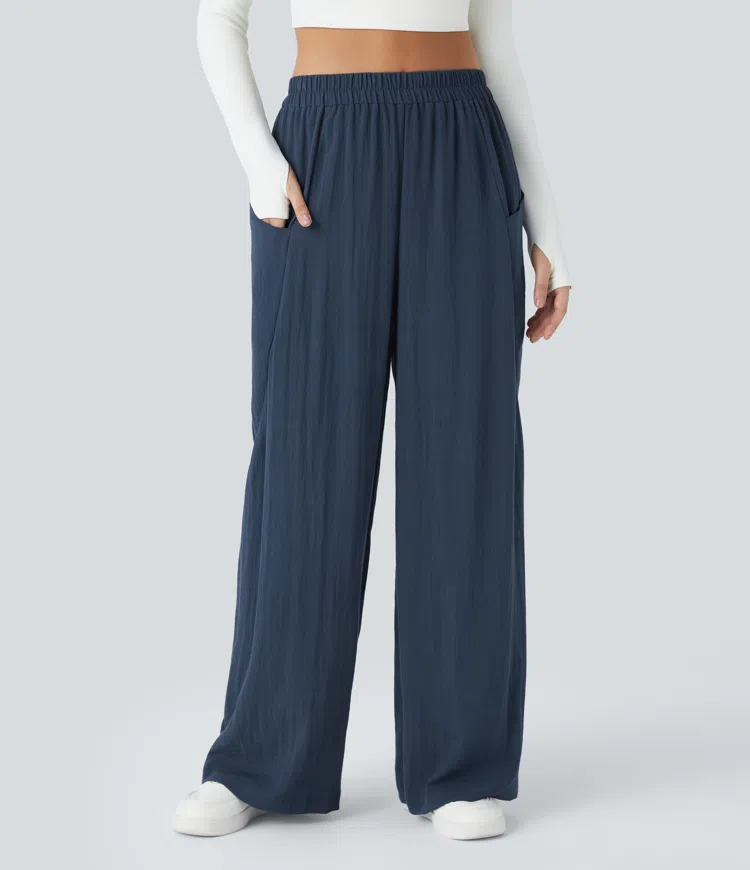 High Waisted Pocket Wide Leg Casual Linen-Feel Pants