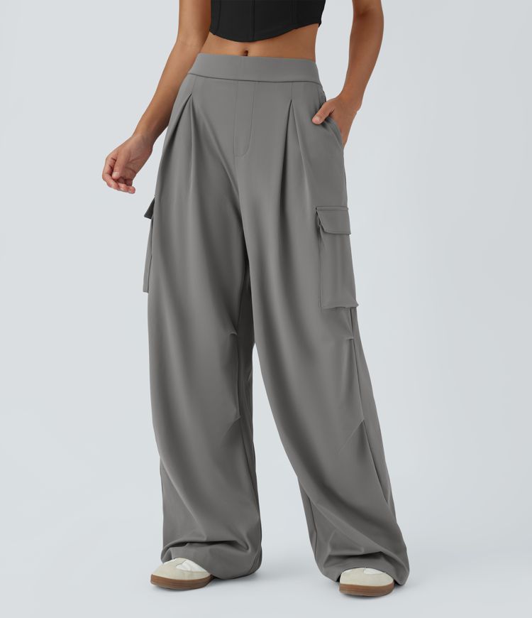 Pantalón cargo pierna ancha múltiple bolsillo plisado tiro alto