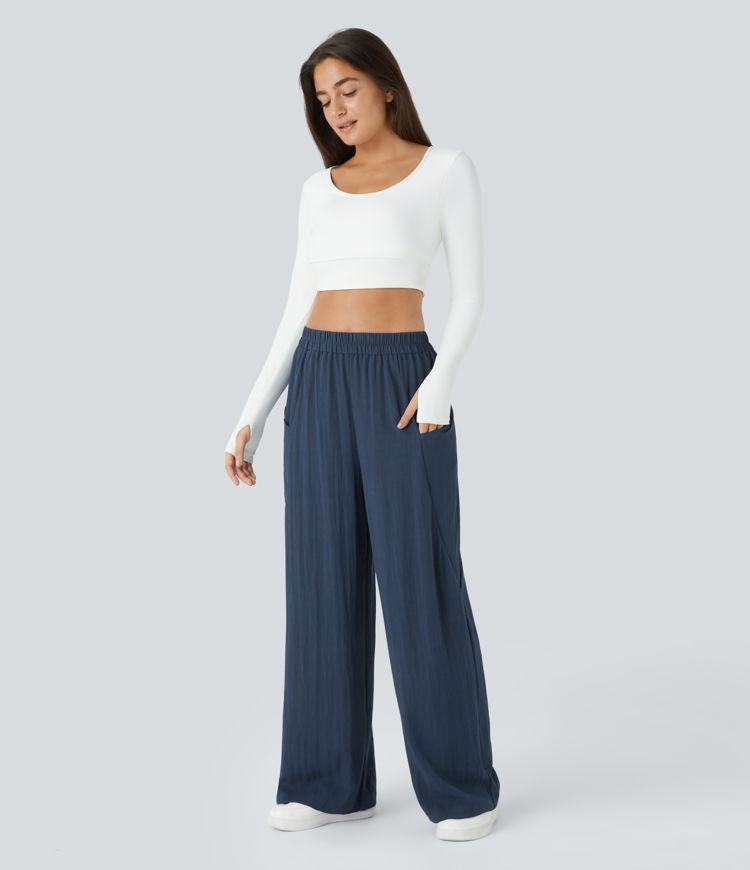 High Waisted Pocket Wide Leg Casual Linen-Feel Trousers