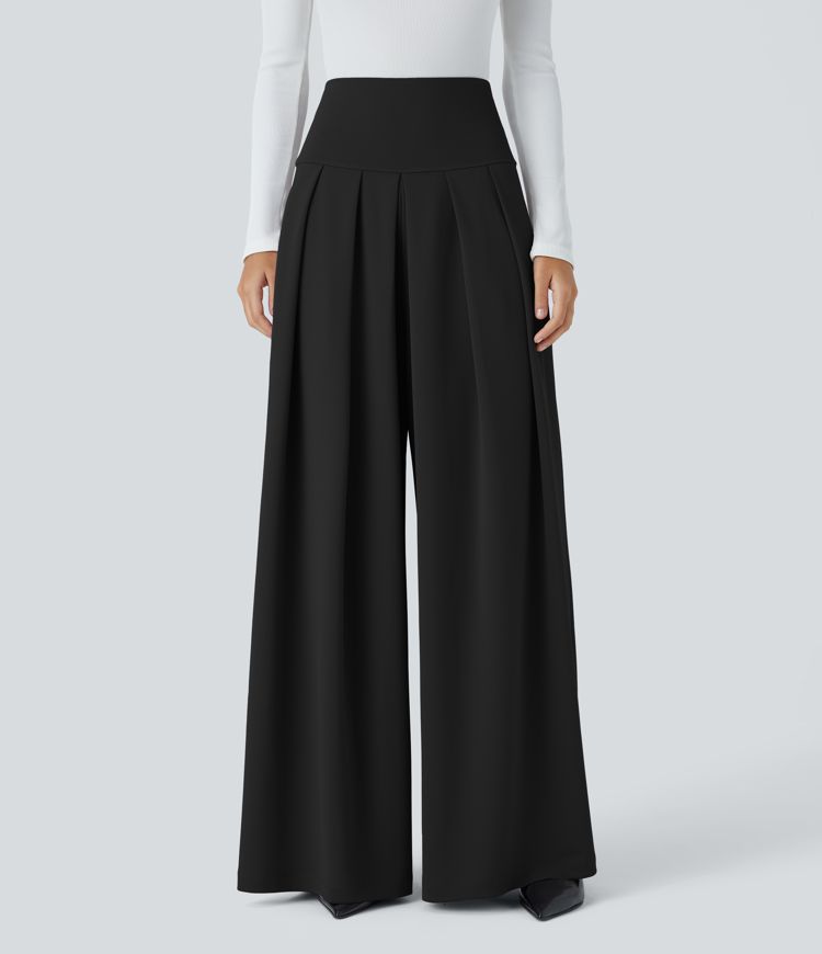 Super High Waisted Pleated Pocket Wide Leg Crepe Work Pants