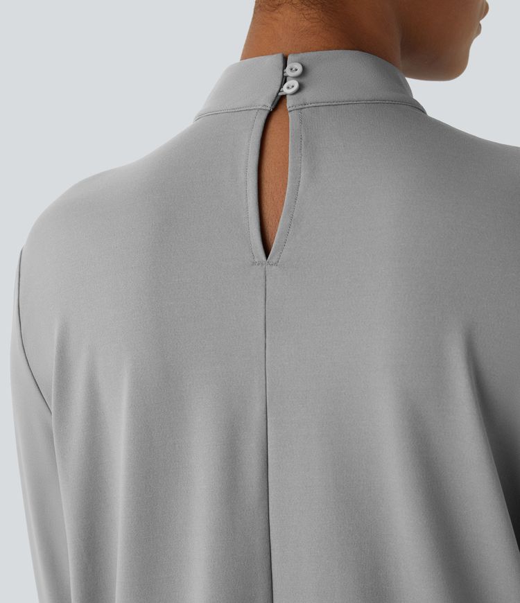 Stand Collar Button Back Long Sleeve Work Blouse