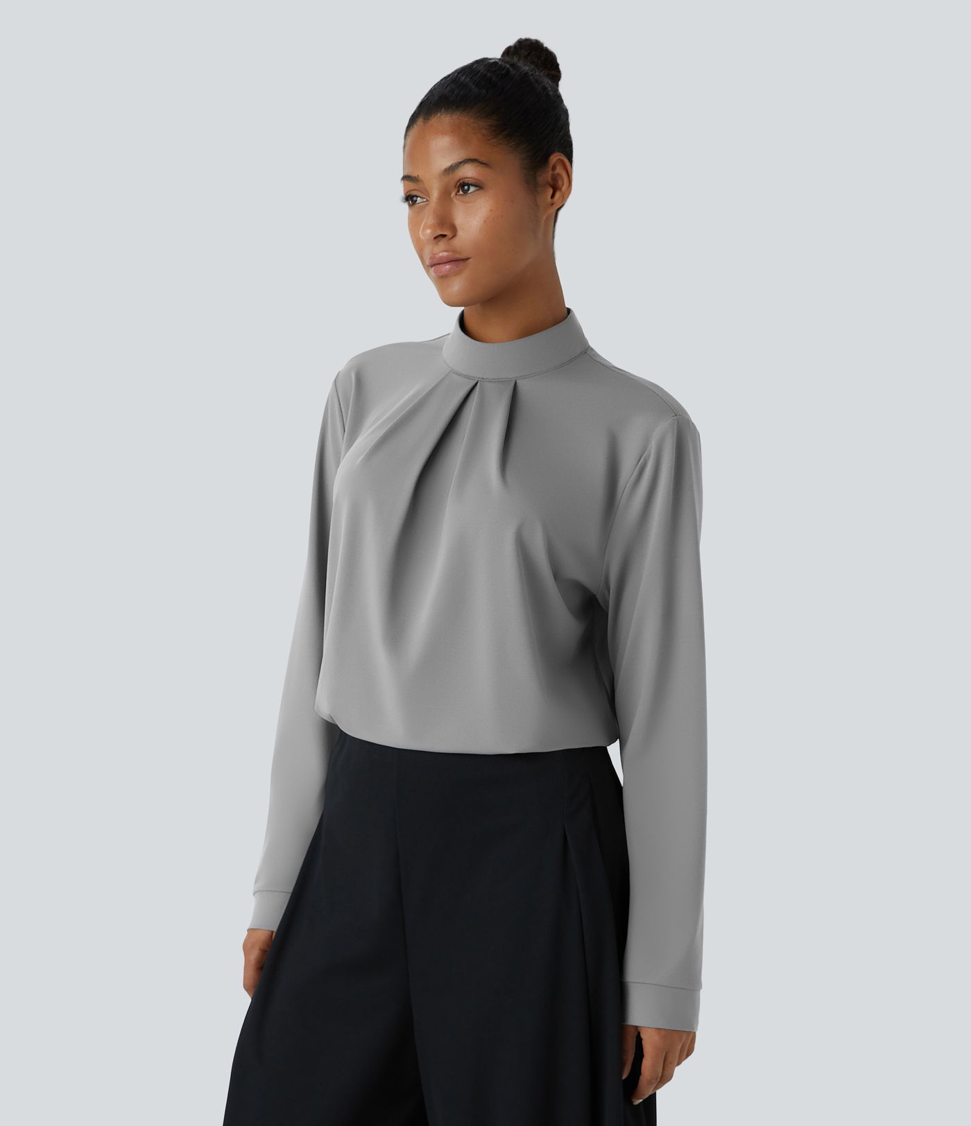 Stand Collar Button Back Long Sleeve Work Blouse