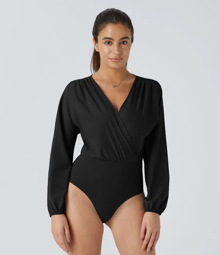 Breezeful™ V Neck Bishop Sleeve Quick Dry Casual Bodysuit