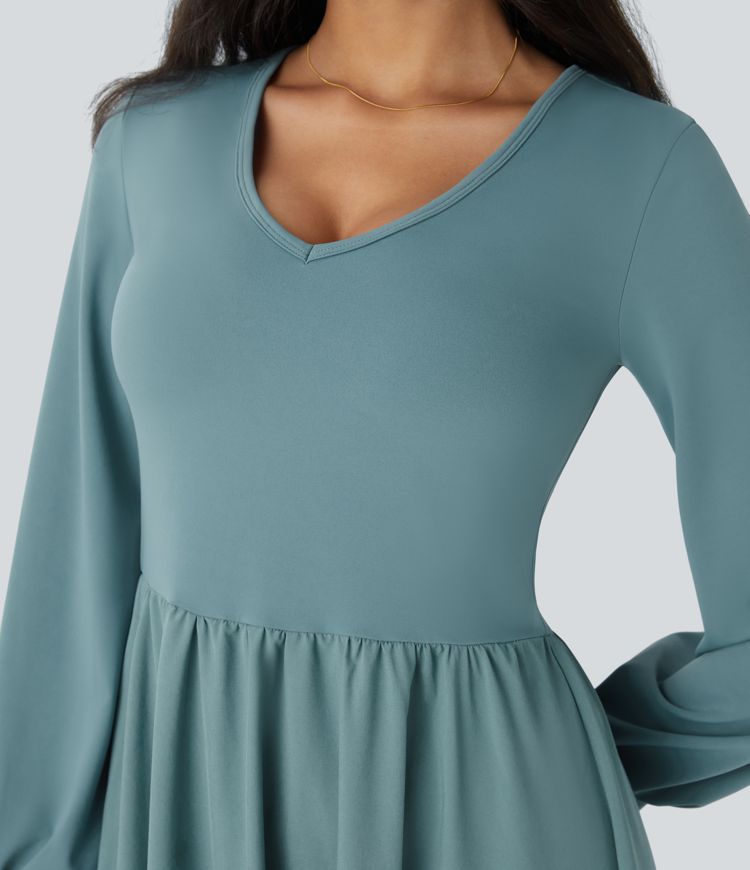 Breezeful™ Ausgestelltes Midi-Freizeitkleid mit V-Ausschnitt und Bischofsärmeln - schnelltrocknend