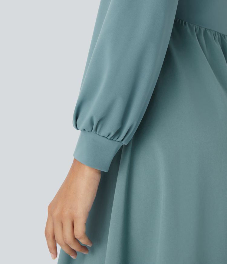 Breezeful™ Ausgestelltes Midi-Freizeitkleid mit V-Ausschnitt und Bischofsärmeln - schnelltrocknend