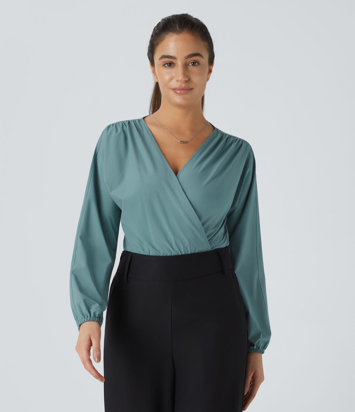 Breezeful™ V Neck Bishop Sleeve Button Quick Dry Casual Bodysuit