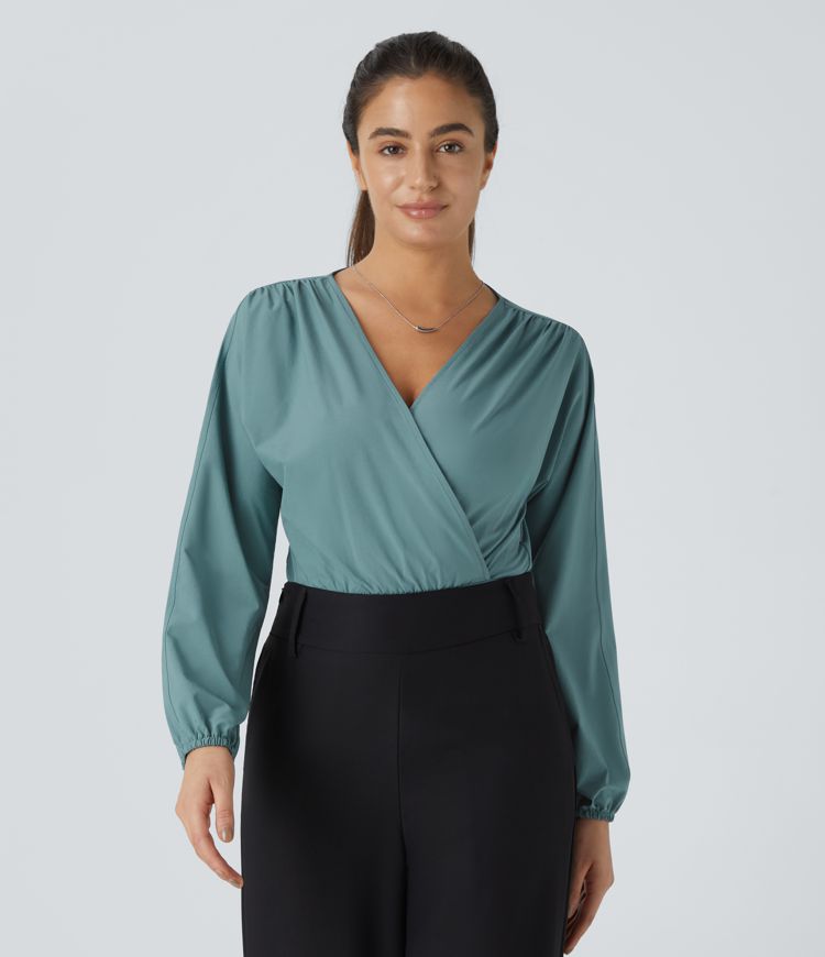 Breezeful™ V Neck Bishop Sleeve Button Quick Dry Casual Bodysuit