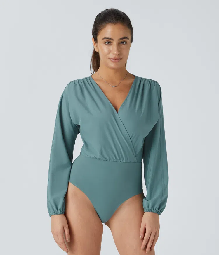 Breezeful™ V Neck Bishop Sleeve Quick Dry Casual Bodysuit