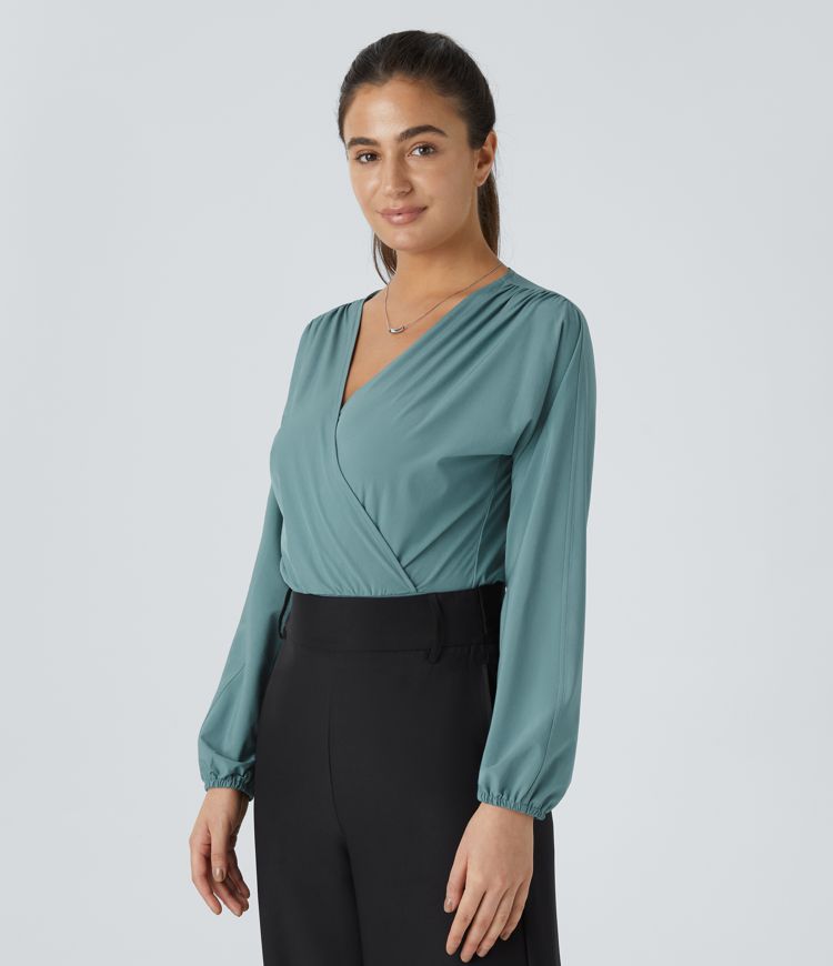 Breezeful™ V Neck Bishop Sleeve Button Quick Dry Casual Bodysuit