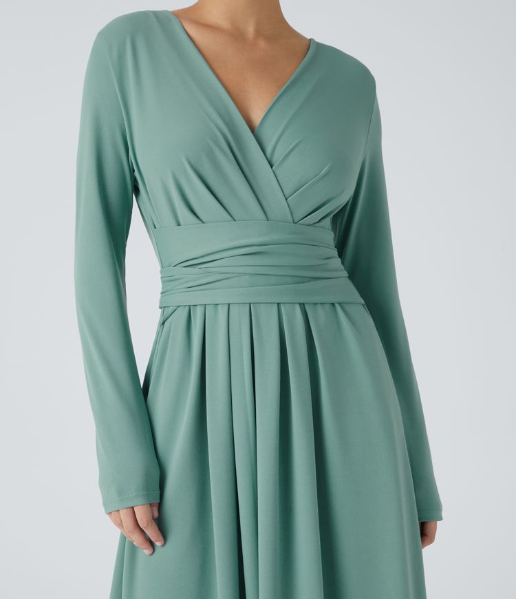 Vestido plisado cuello V manga larga bolsillo lateral lazo espalda