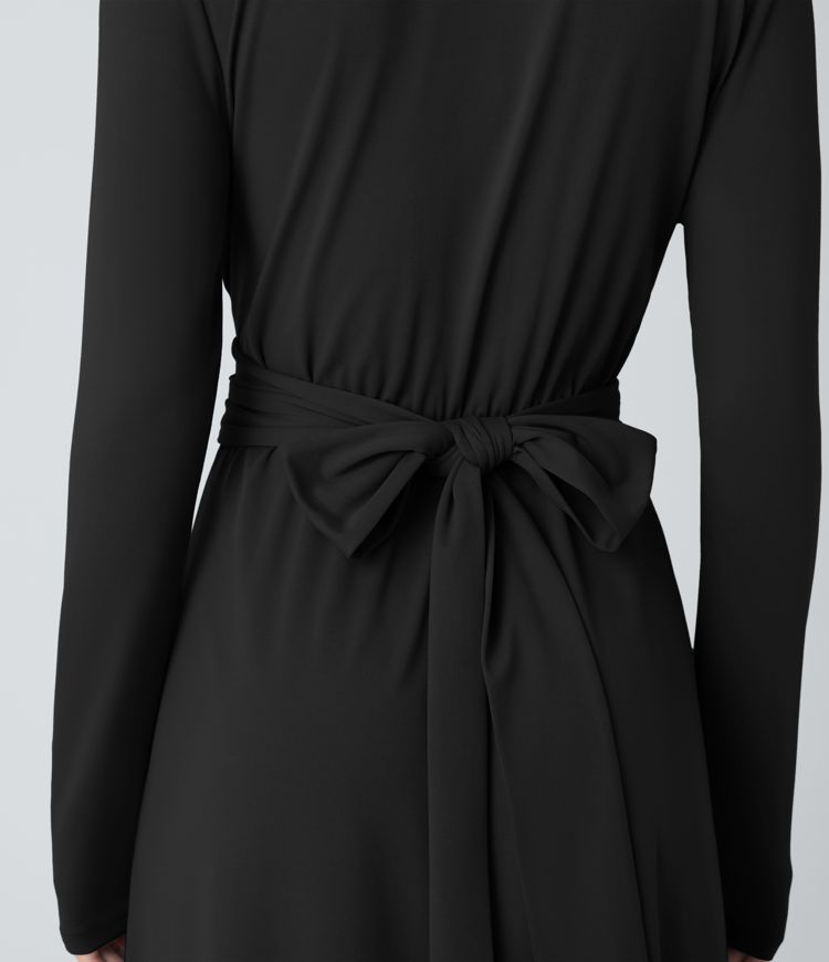 V-neck long-sleeve side pocket tie-back pleated casual dress