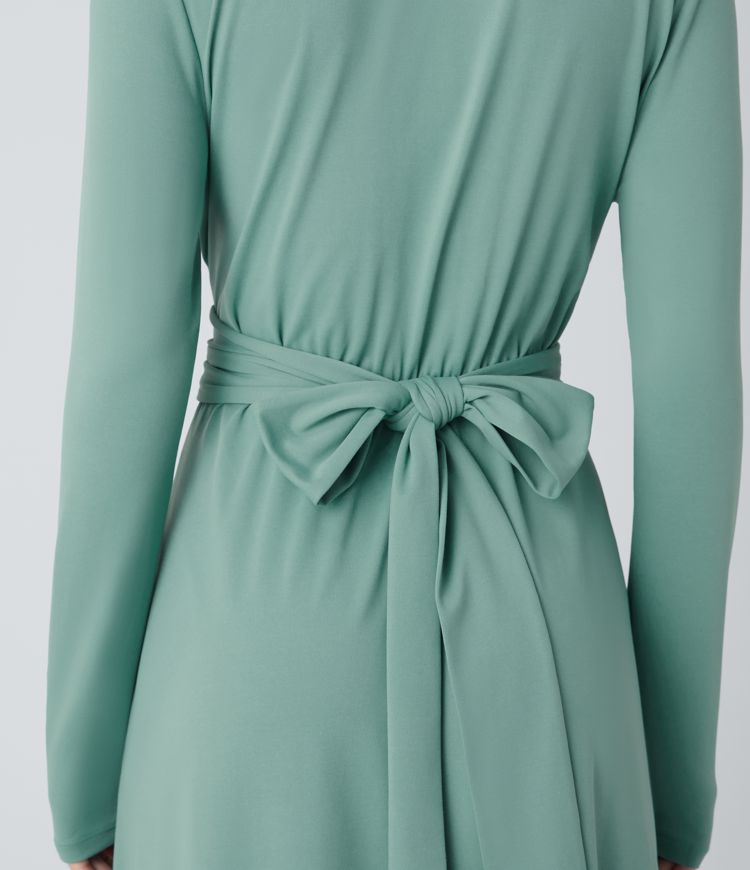 Vestido plisado cuello V manga larga bolsillo lateral lazo espalda