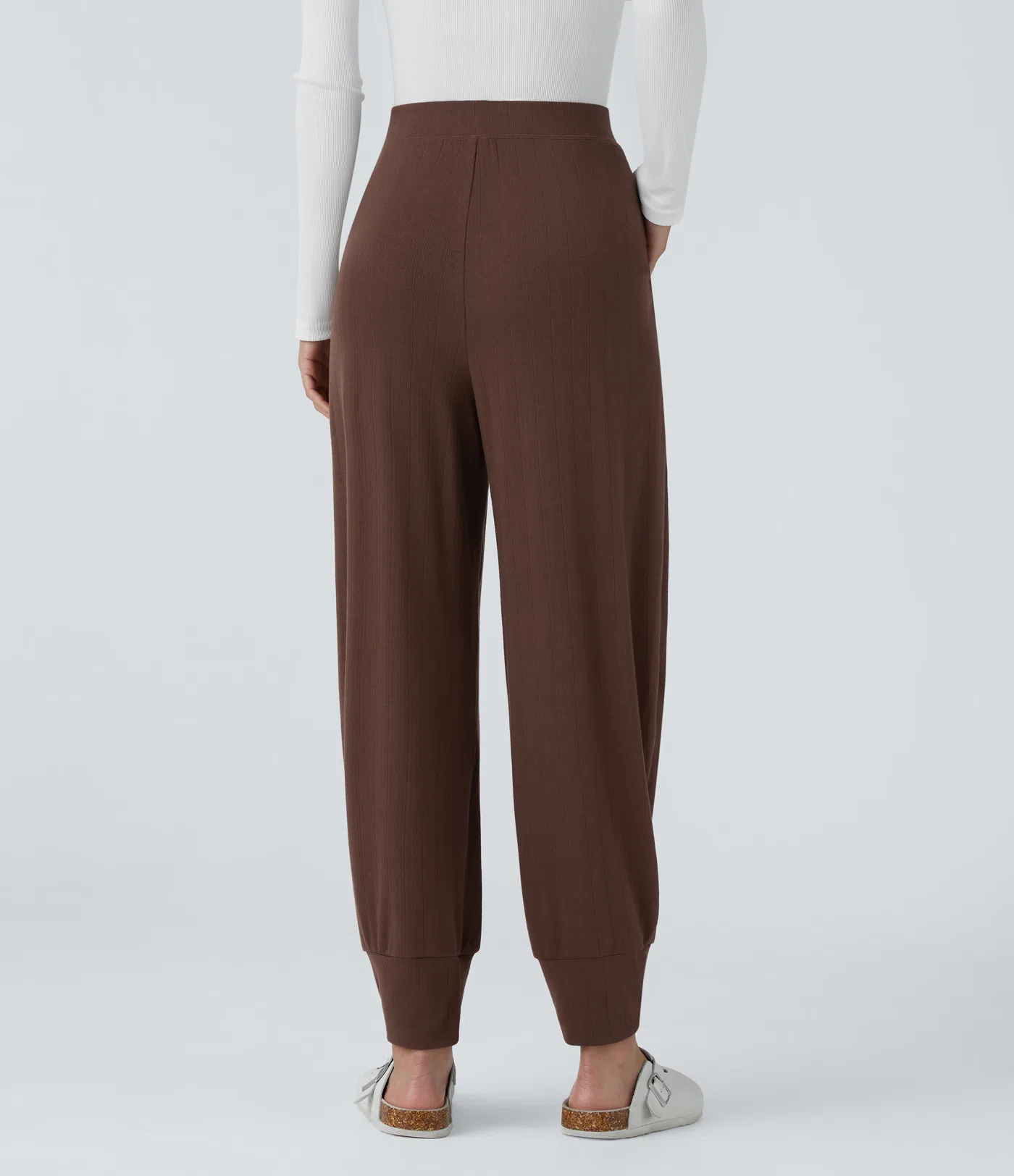 Ribbed Knit High Waisted Plicated Side Pocket Casual Joggers