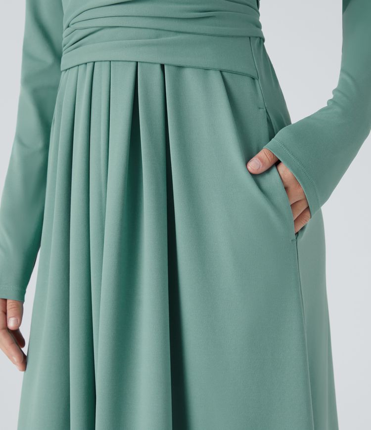 Vestido plisado cuello V manga larga bolsillo lateral lazo espalda