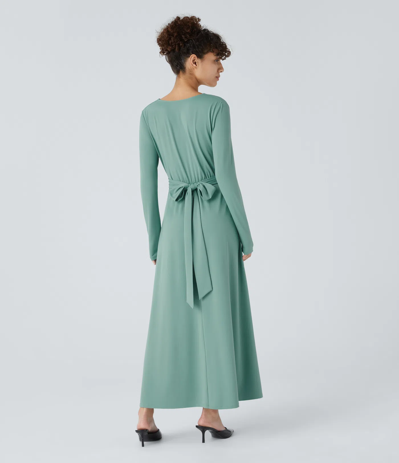  V Neck Long Sleeve Side Pocket Tie Back Plicated Casual Dress