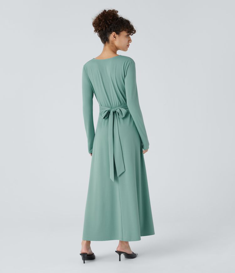 Vestido plisado cuello V manga larga bolsillo lateral lazo espalda