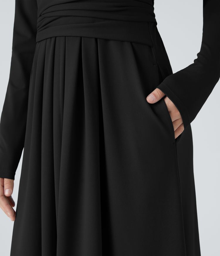 V-neck long-sleeve side pocket tie-back pleated casual dress