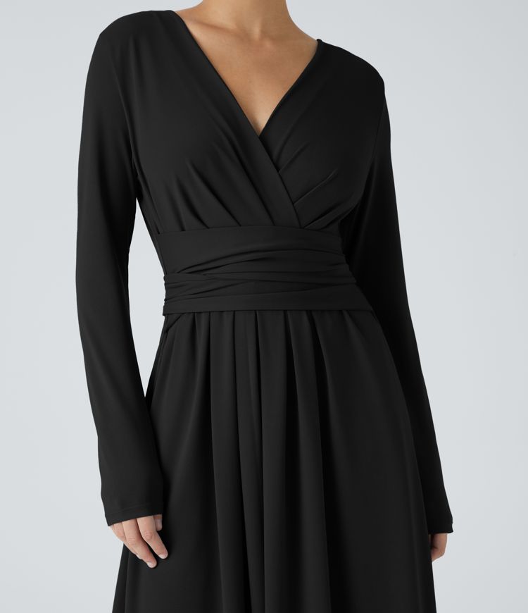 V-neck long-sleeve side pocket tie-back pleated casual dress