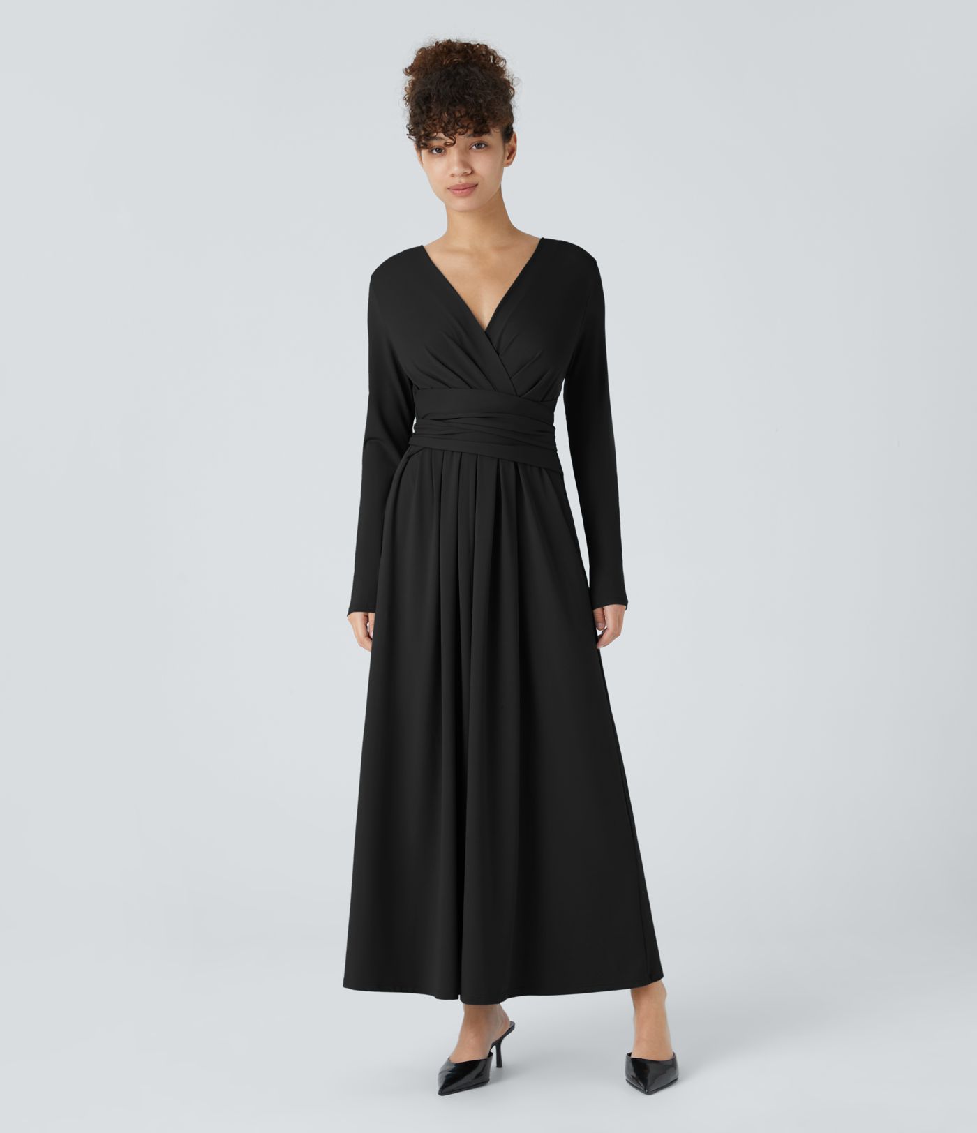 V-neck long-sleeve side pocket tie-back pleated casual dress
