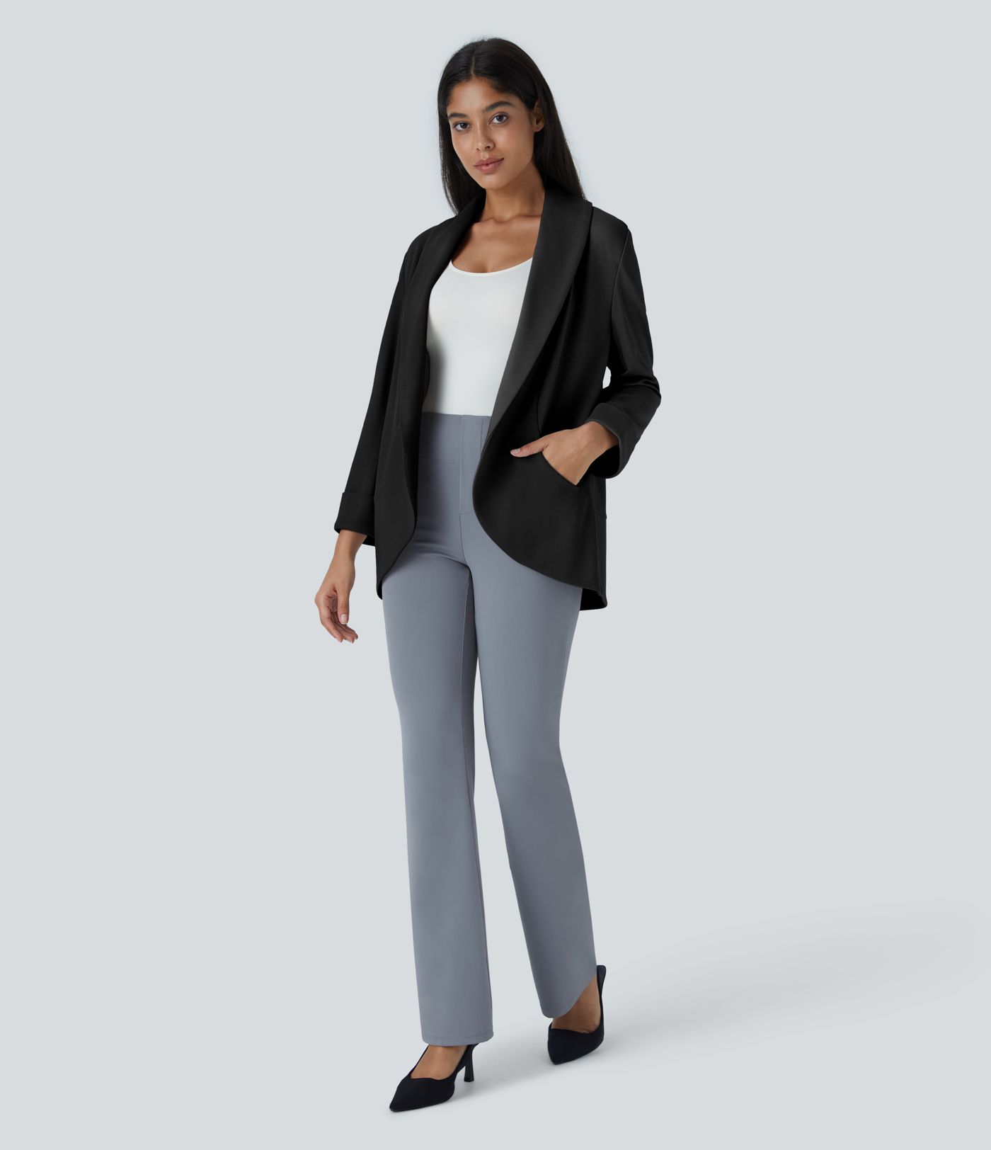 Blazer oficina bolsillo lateral manga larga frente abierto