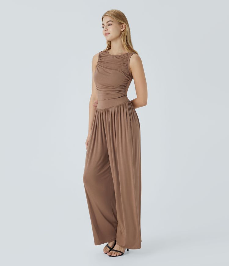 Mono pierna ancha cuello barco acanalado sin mangas botón espalda fruncido bolsillo lateral