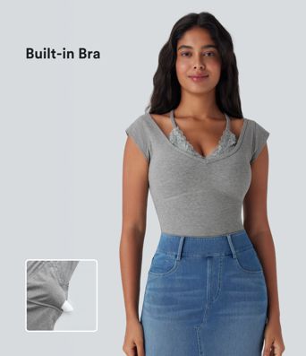 Top encaje acanalado manga corta cuello halter súper elástico agradable para piel